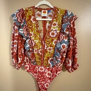 Farm Rio for Anthropologie Floral Ruffle Bodysuit Boho Puff Sleeve Size L